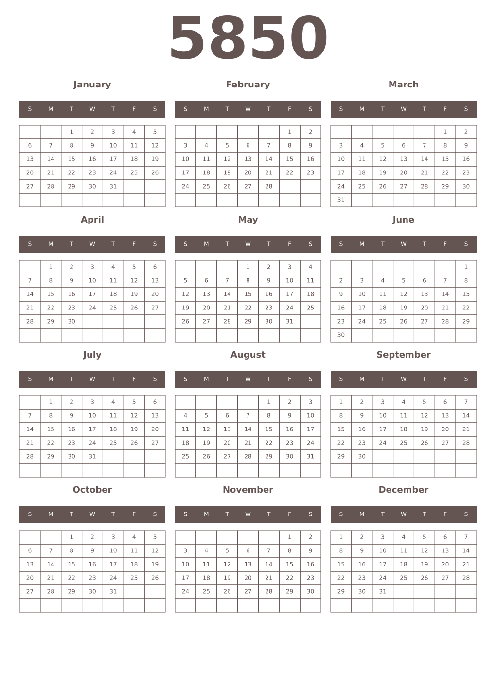 Printable 5850 Year Calendars wenge