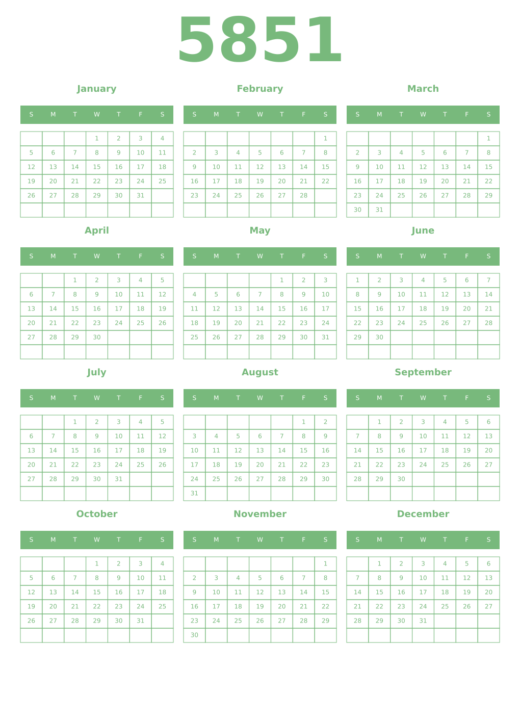 Printable 5851 Year Calendars celadon