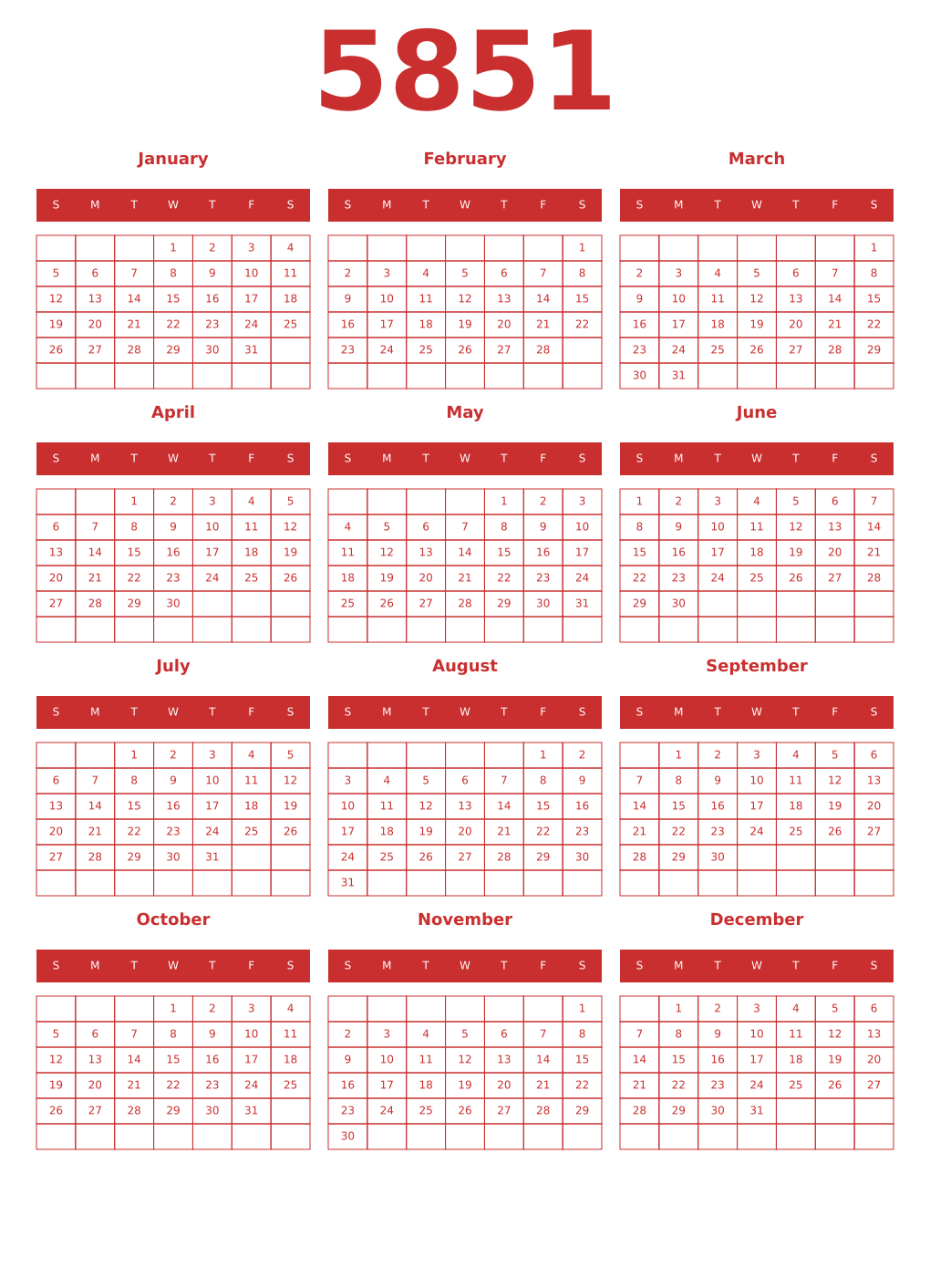 Printable 5851 Year Calendars red