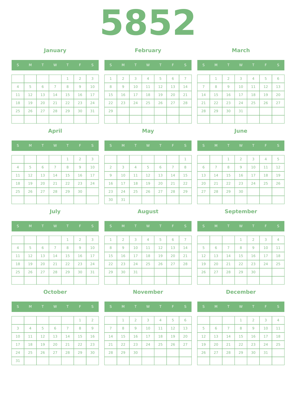 Printable 5852 Year Calendars celadon