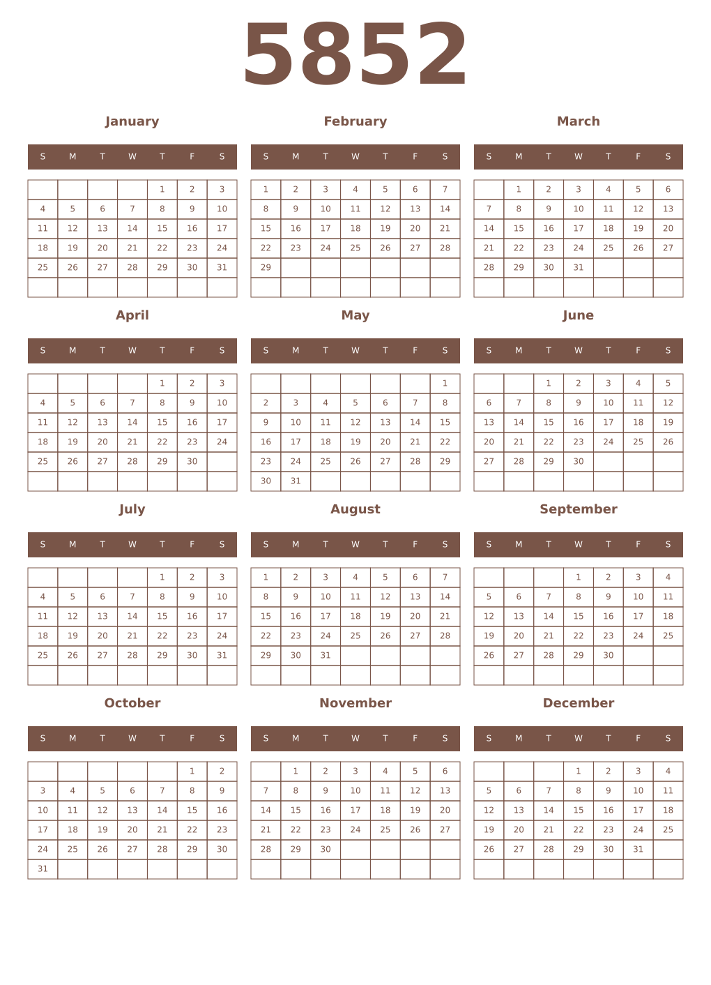Printable 5852 Year Calendars coffe