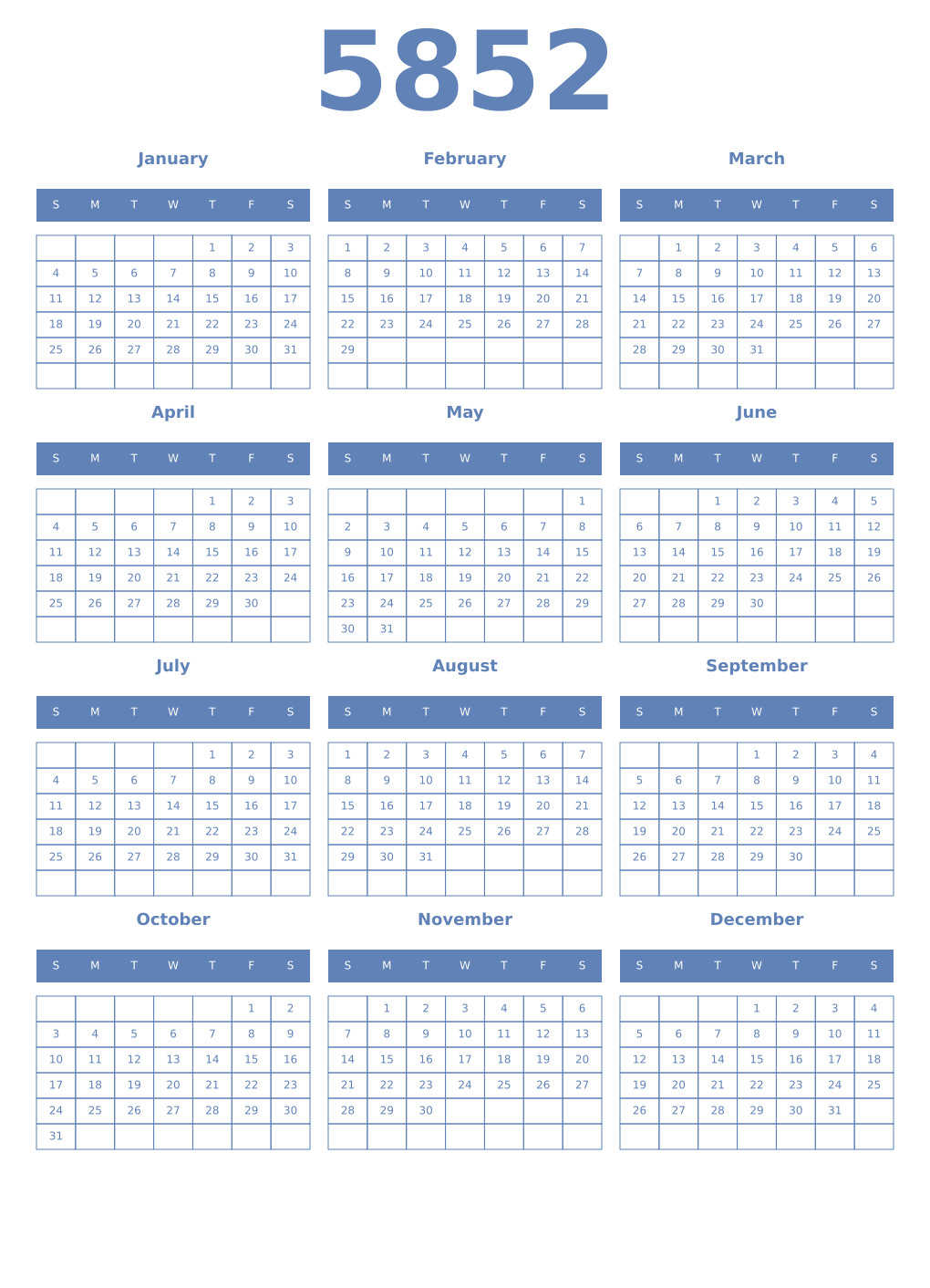 Printable 5852 Year Calendars glaucous