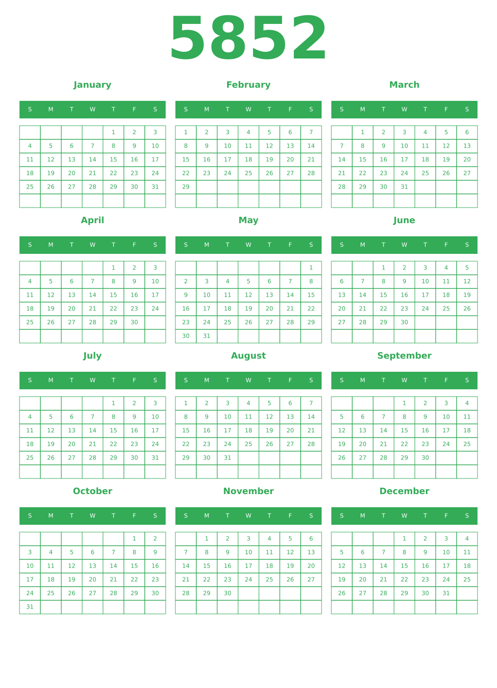 Printable 5852 Year Calendars green