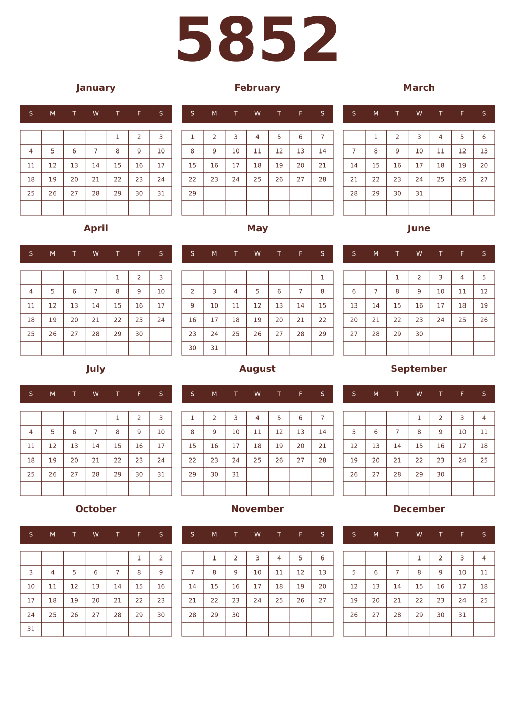 Printable 5852 Year Calendars mortuum