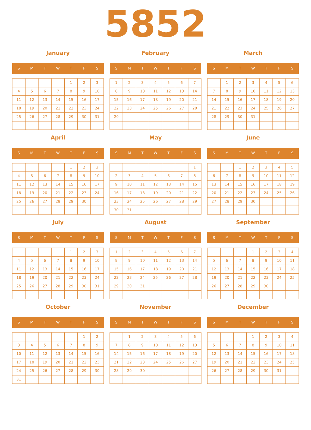 Printable 5852 Year Calendars orange