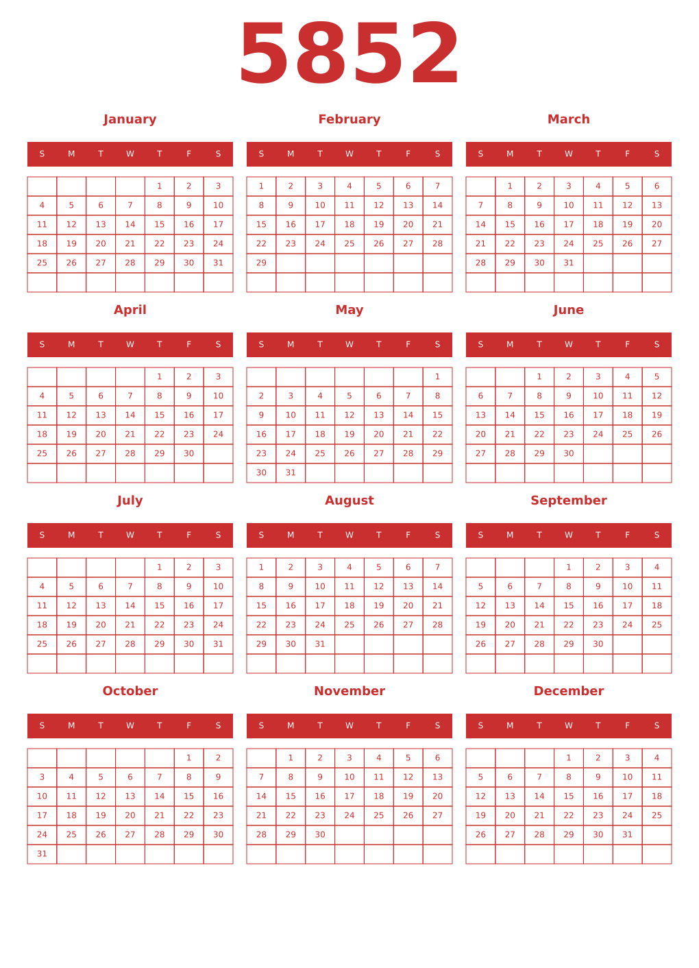 Printable 5852 Year Calendars red