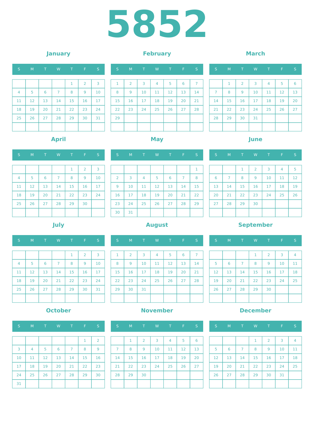 Printable 5852 Year Calendars verdigris