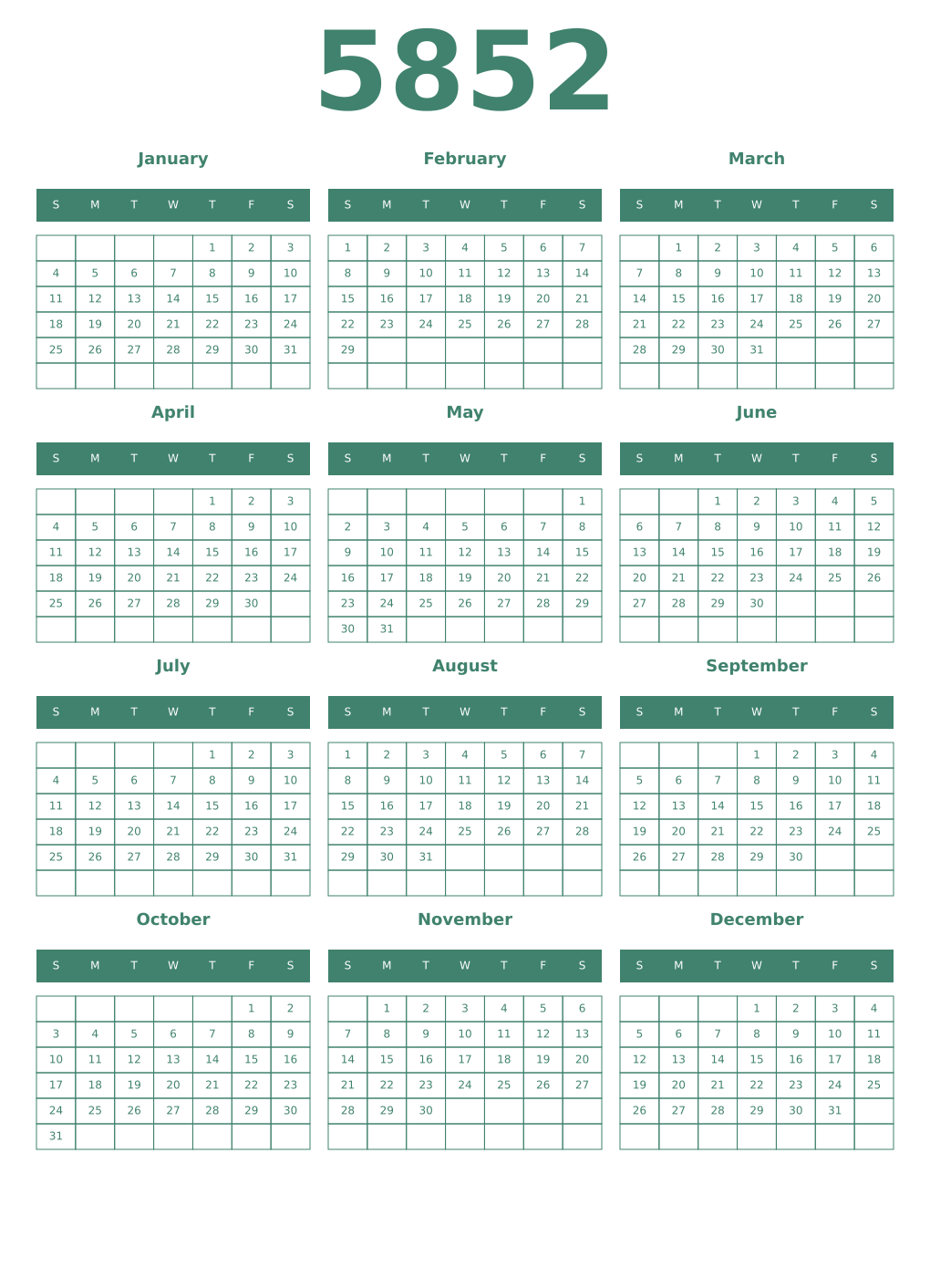 Printable 5852 Year Calendars viridian