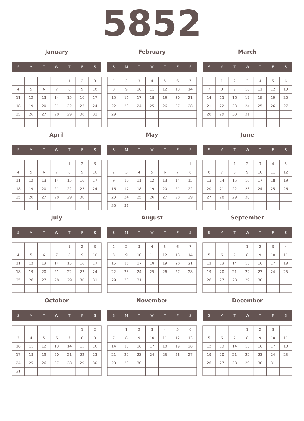 Printable 5852 Year Calendars wenge