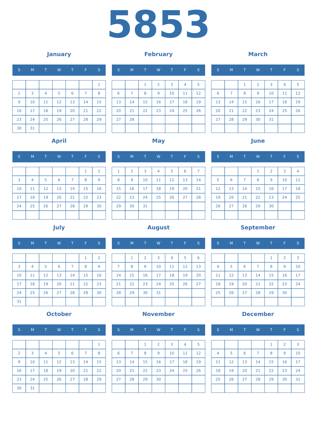 Printable 5853 Year Calendars blue