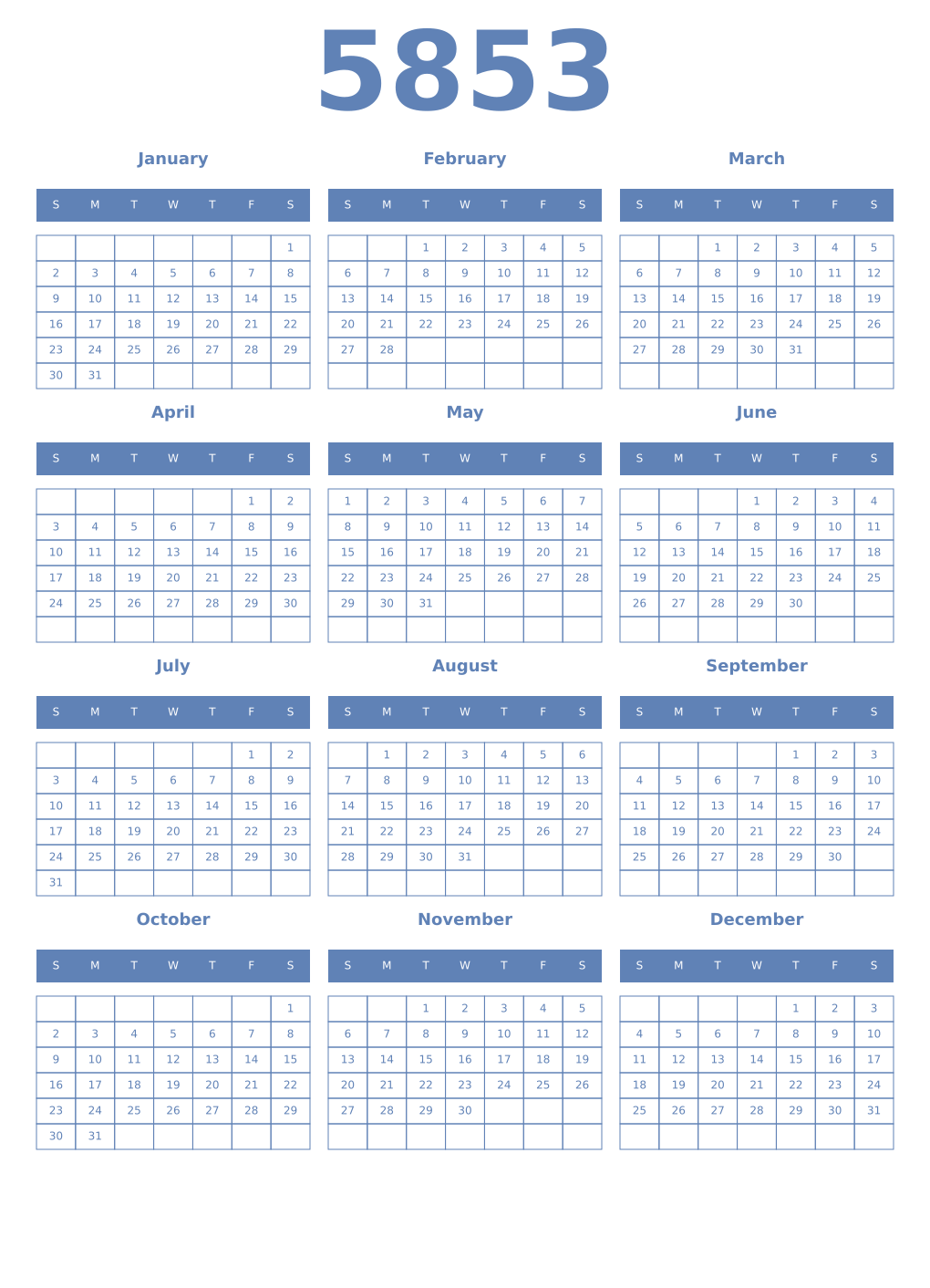 Printable 5853 Year Calendars glaucous
