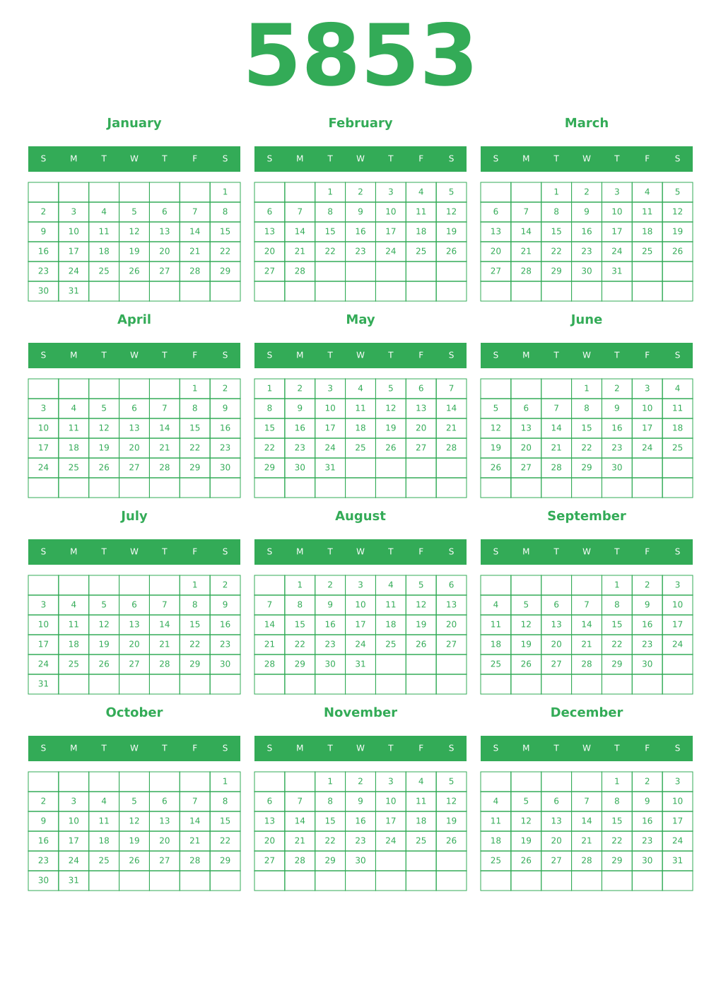 Printable 5853 Year Calendars green