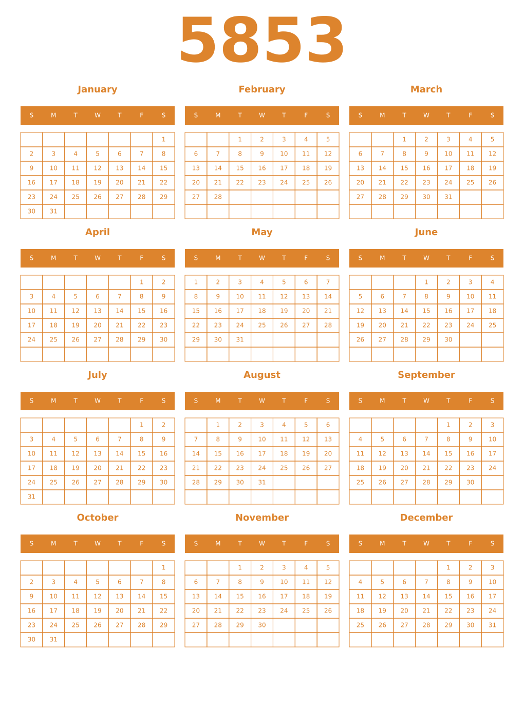Printable 5853 Year Calendars orange