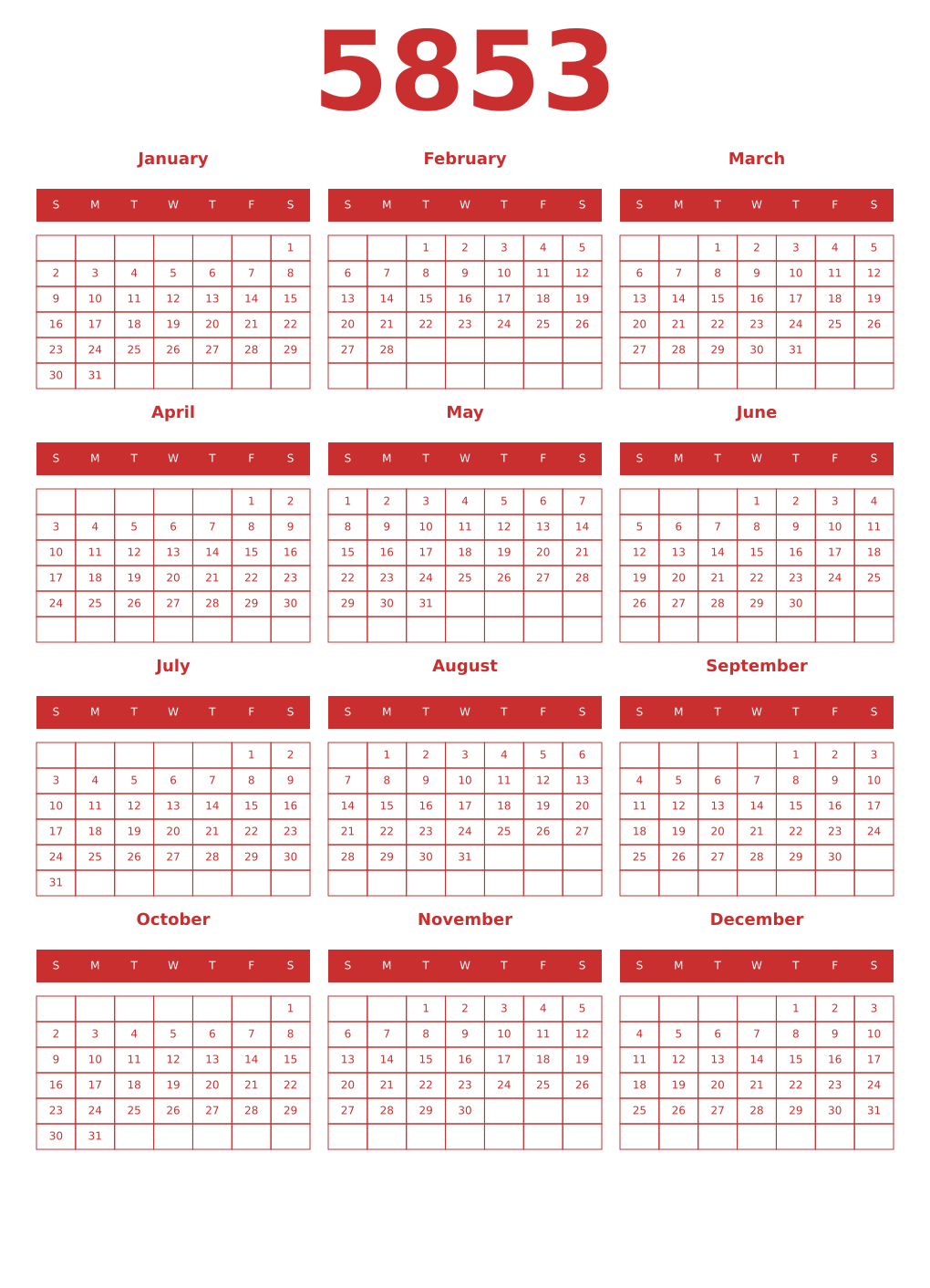 Printable 5853 Year Calendars red