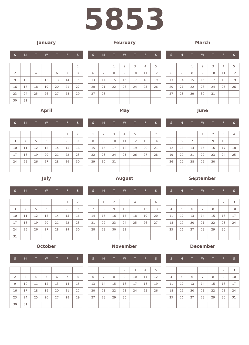 Printable 5853 Year Calendars wenge