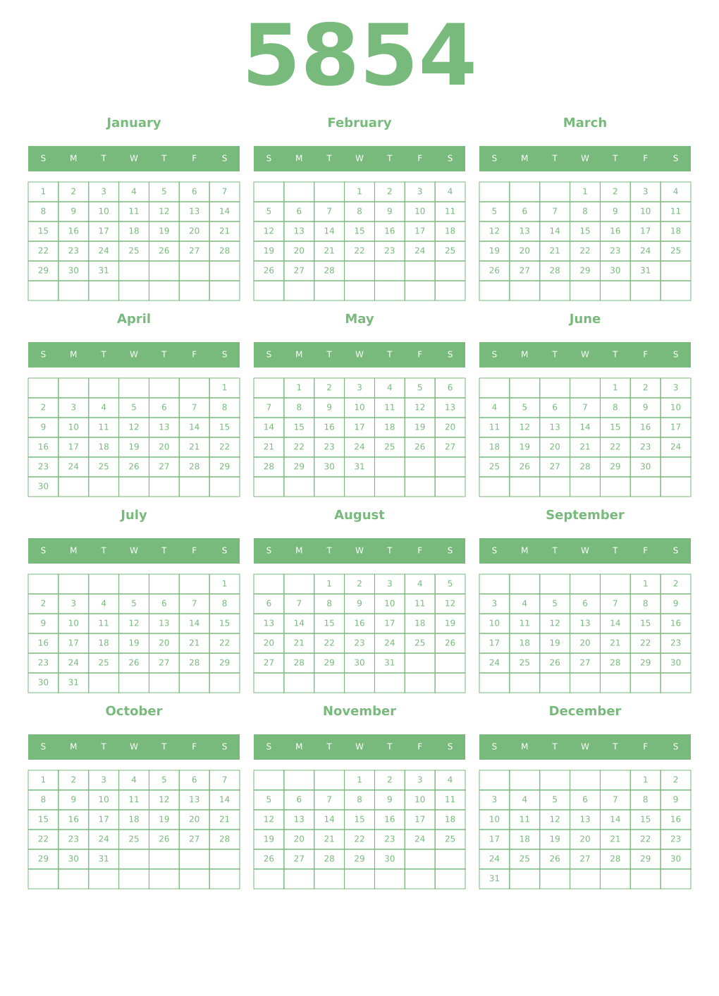 Printable 5854 Year Calendars celadon