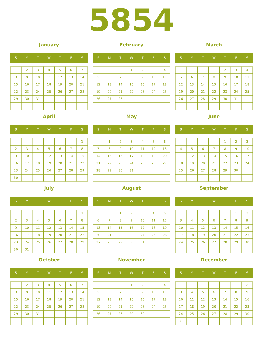 Printable 5854 Year Calendars chartreuse