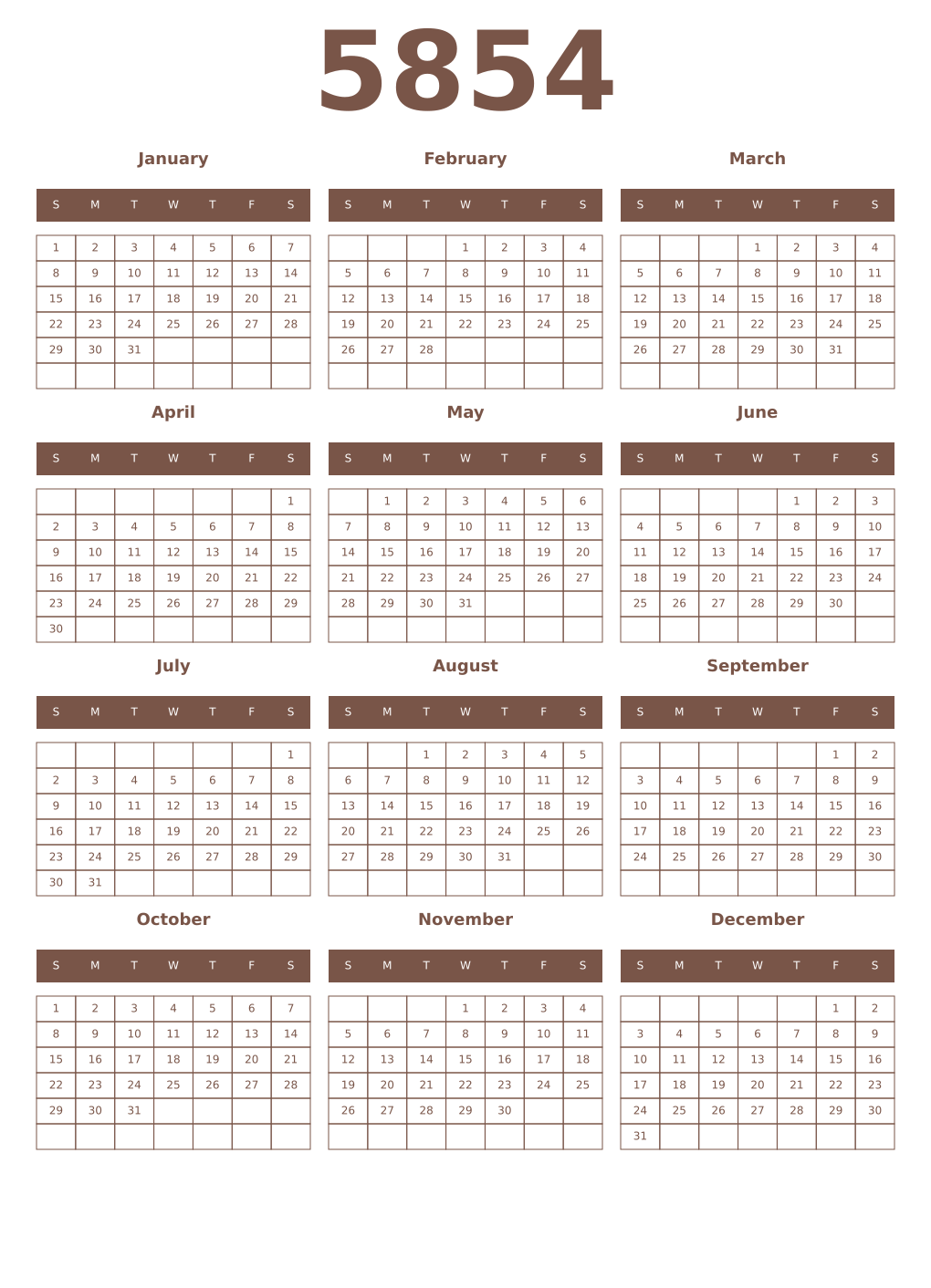 Printable 5854 Year Calendars coffe