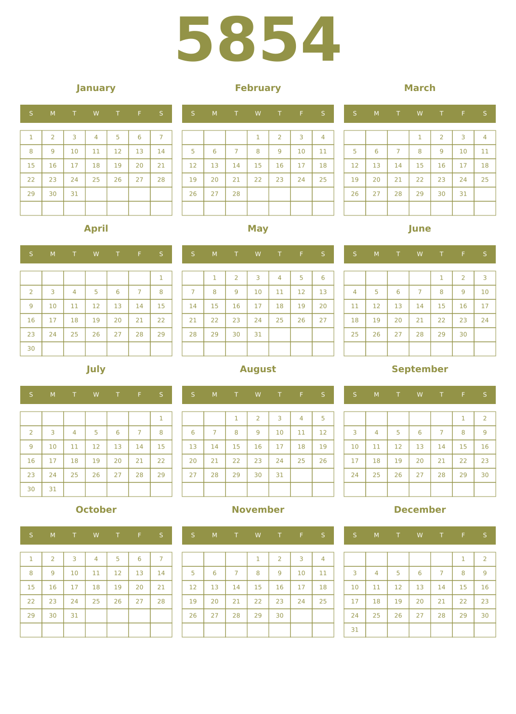 Printable 5854 Year Calendars eburnean