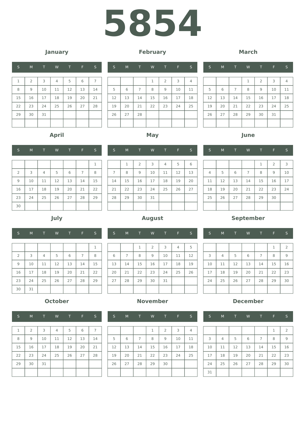 Printable 5854 Year Calendars feldgrau
