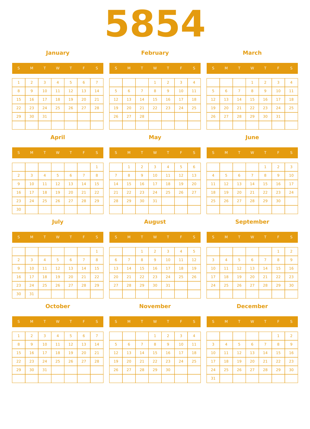 Printable 5854 Year Calendars gamboge