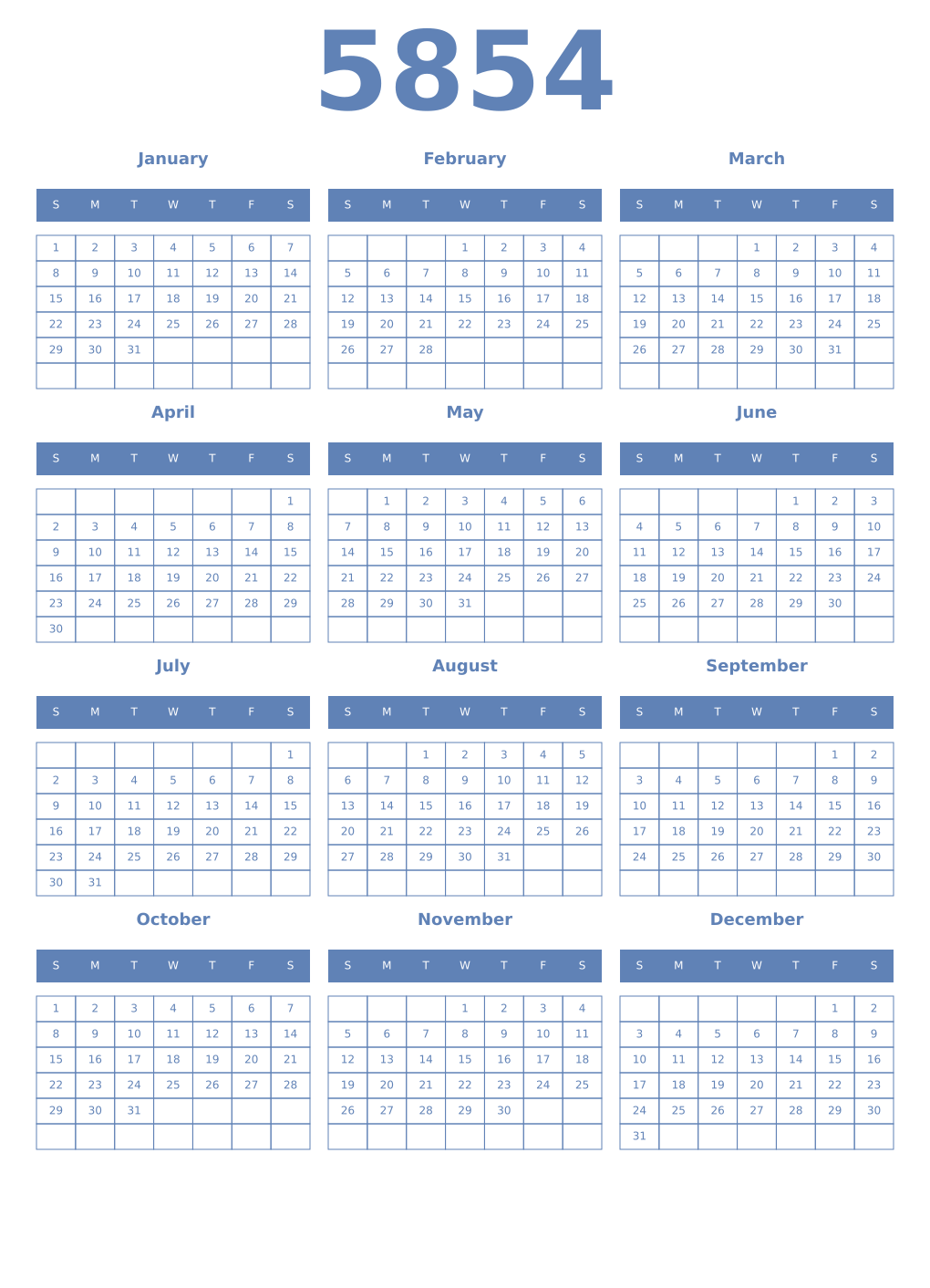 Printable 5854 Year Calendars glaucous
