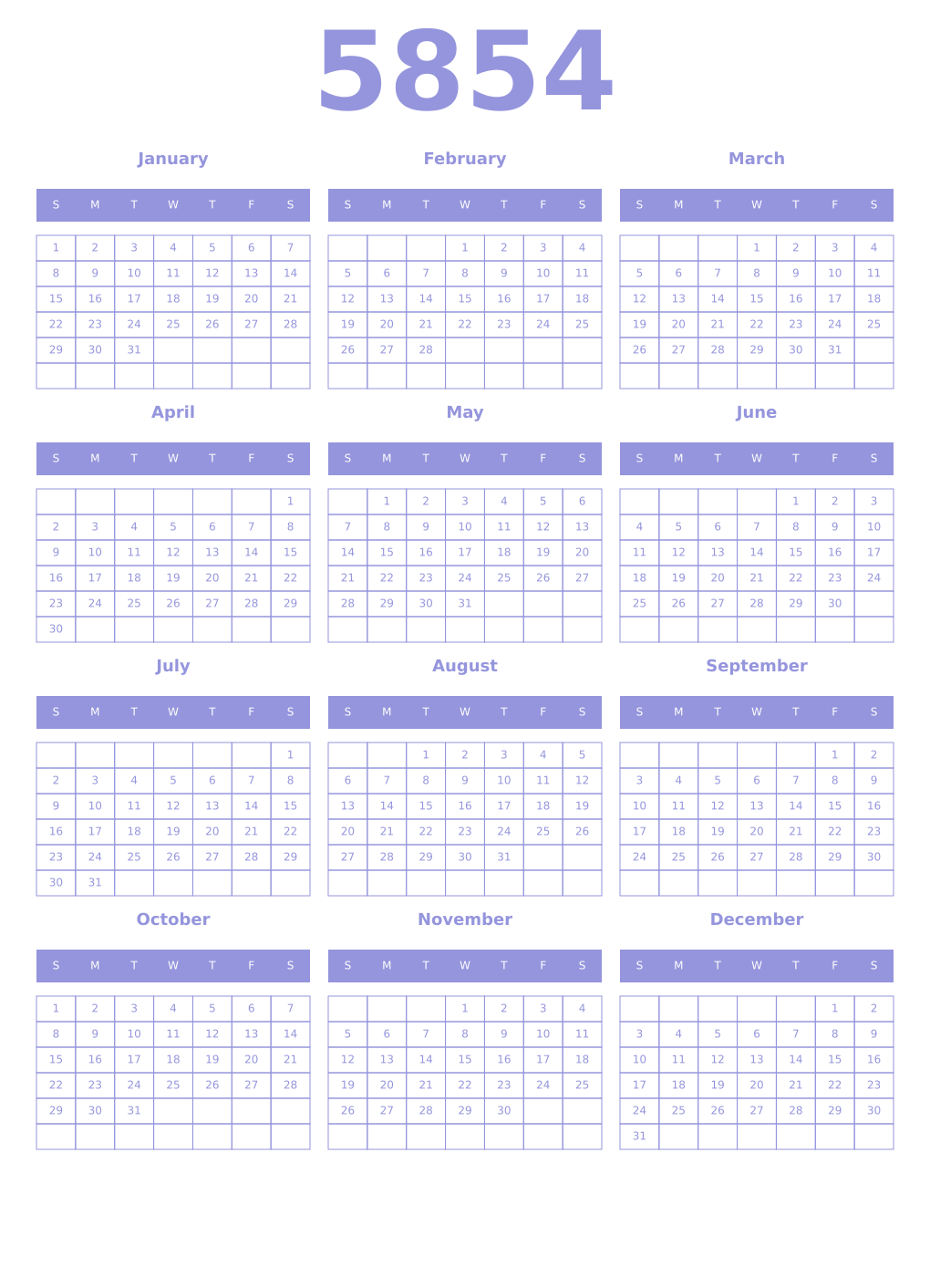 Printable 5854 Year Calendars periwinkle