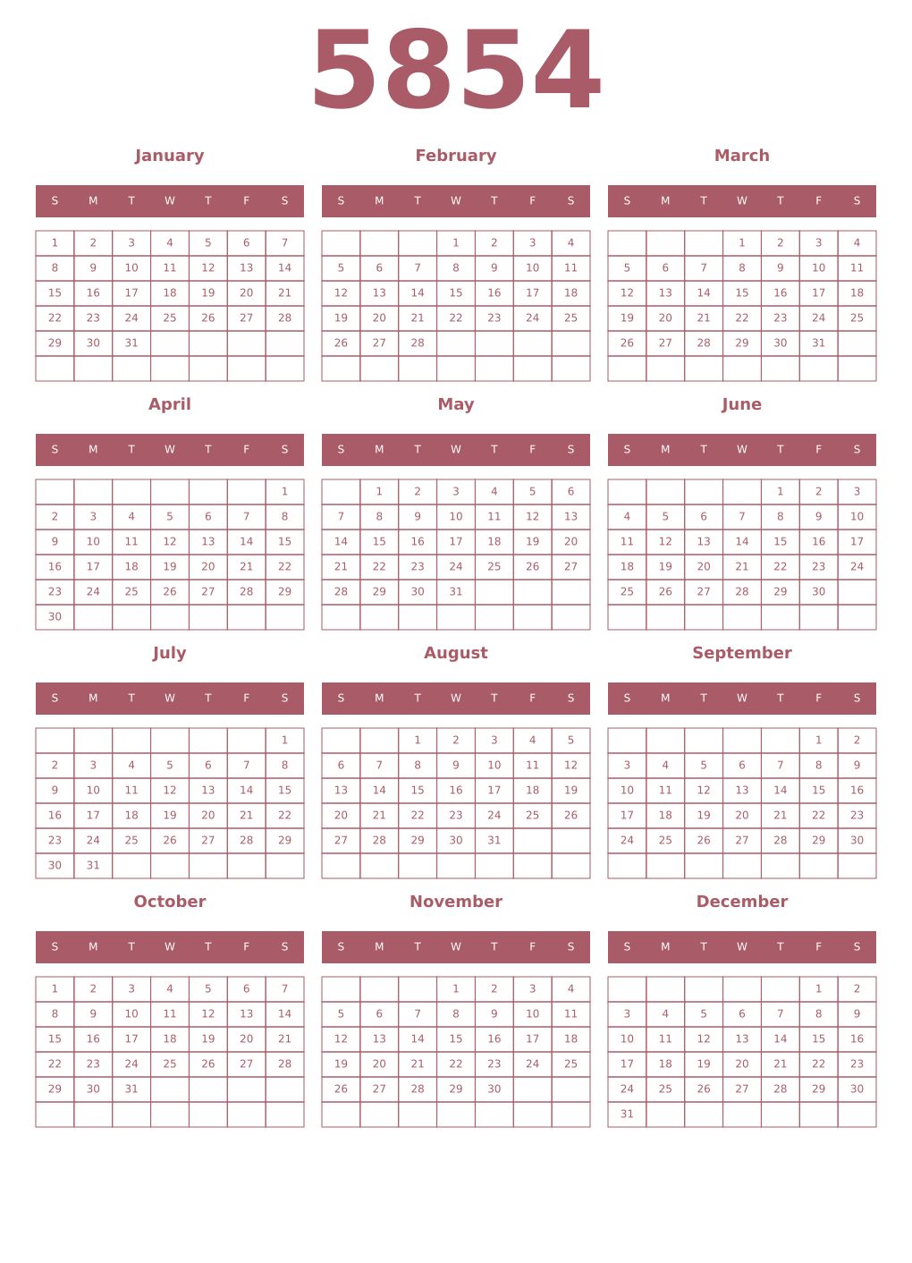 Printable 5854 Year Calendars puce