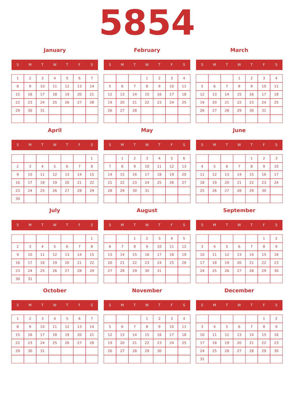Printable 5854 Year Calendars red