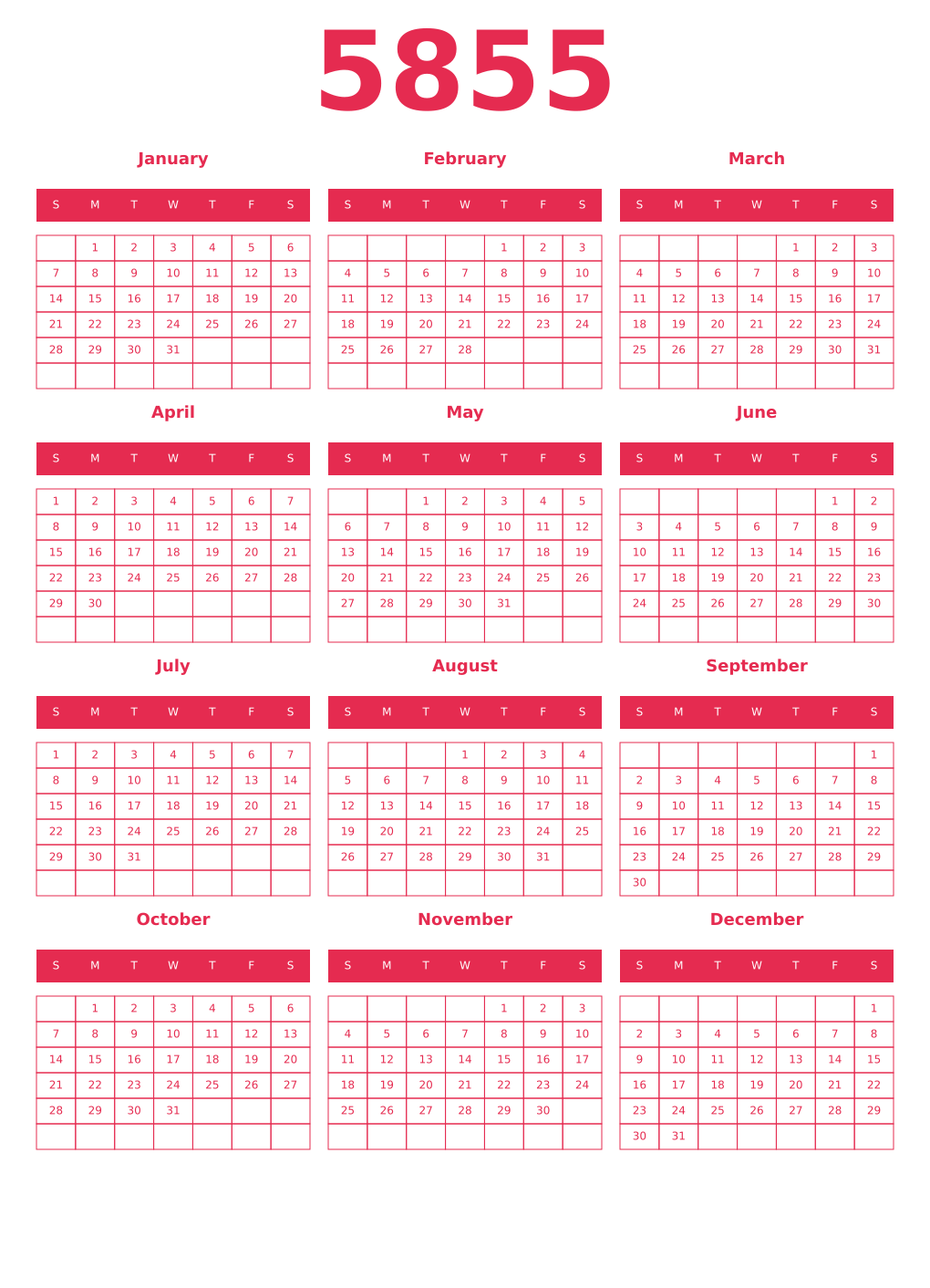 Printable 5855 Year Calendars amaranth