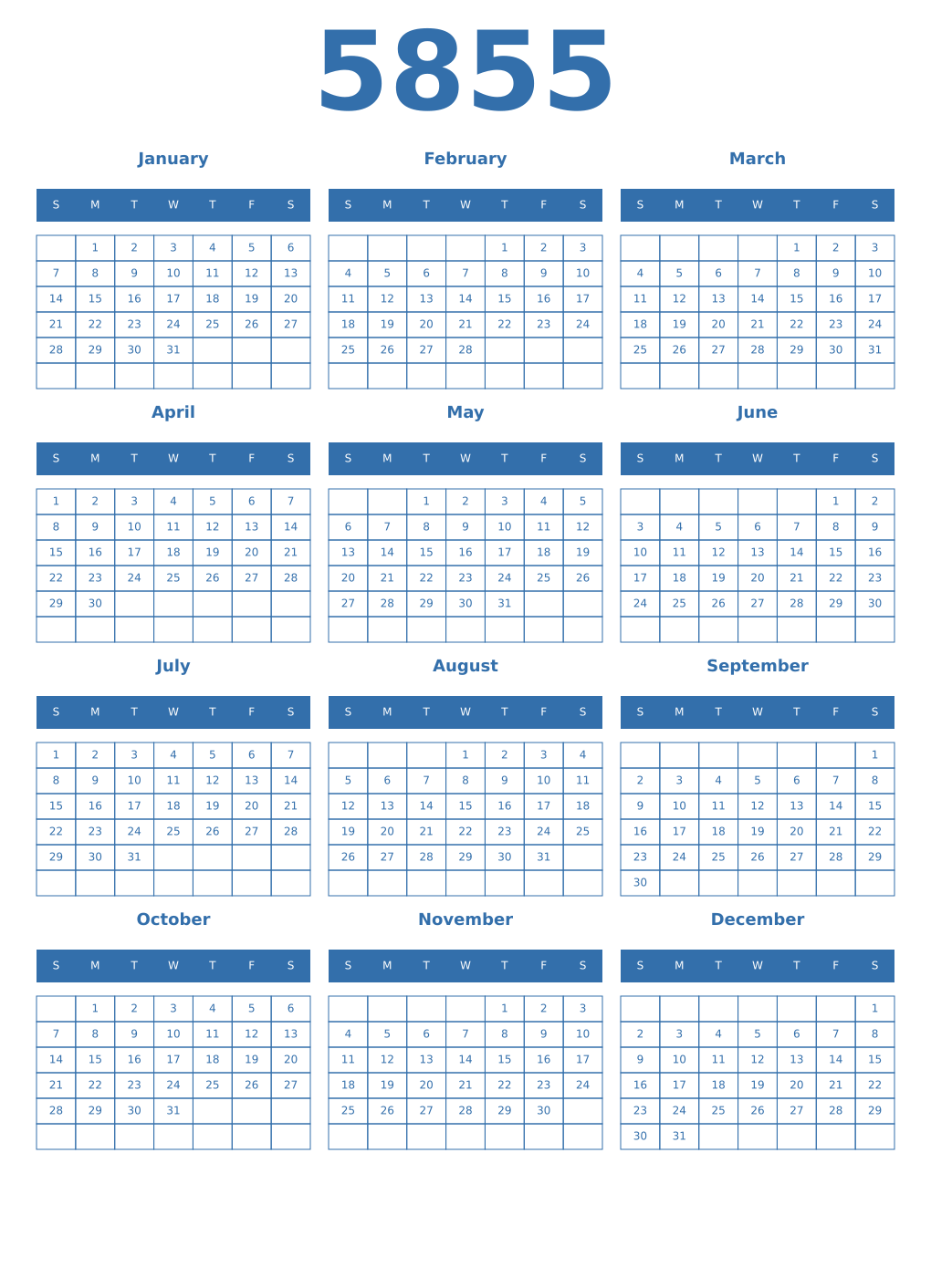 Printable 5855 Year Calendars blue