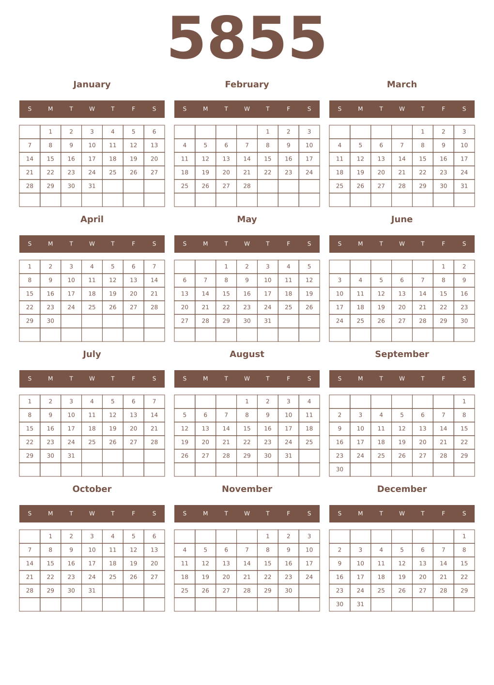 Printable 5855 Year Calendars coffe