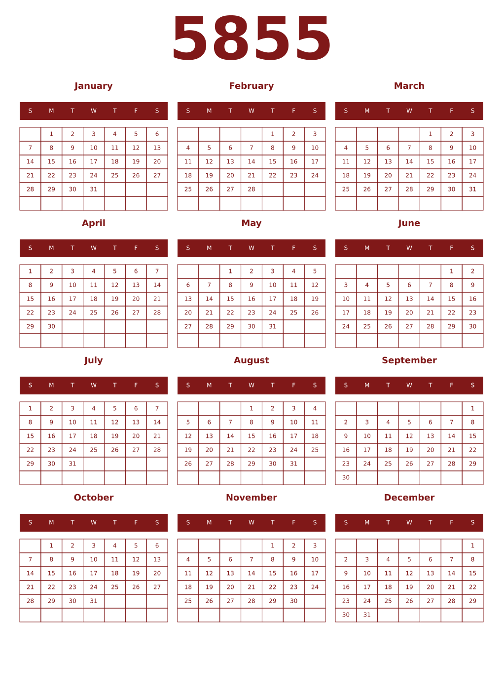 Printable 5855 Year Calendars falu