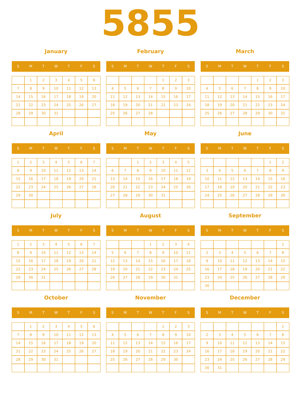 Printable 5855 Year Calendars gamboge