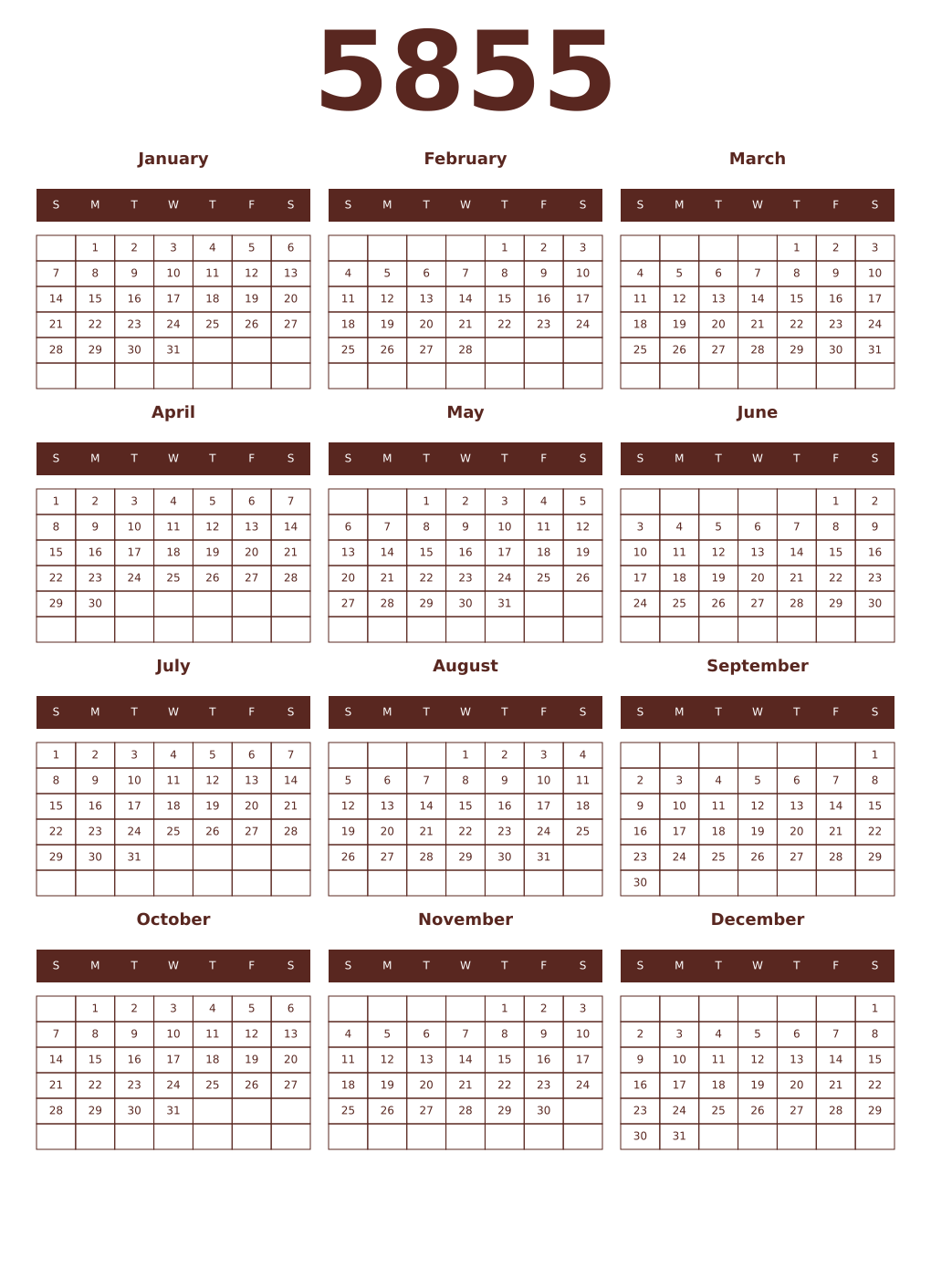 Printable 5855 Year Calendars mortuum