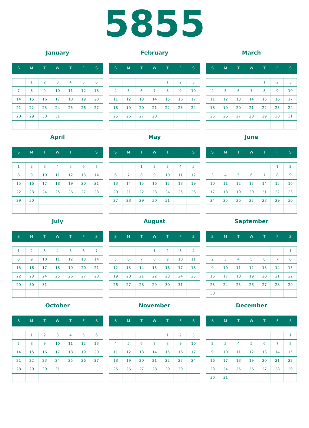 Printable 5855 Year Calendars pastel