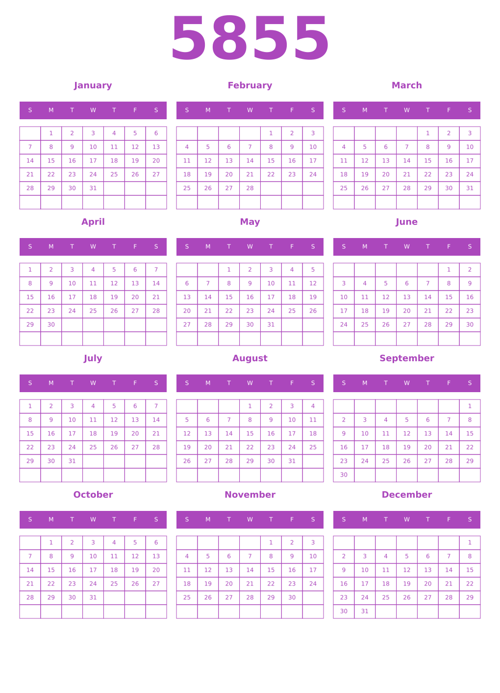 Printable 5855 Year Calendars purple