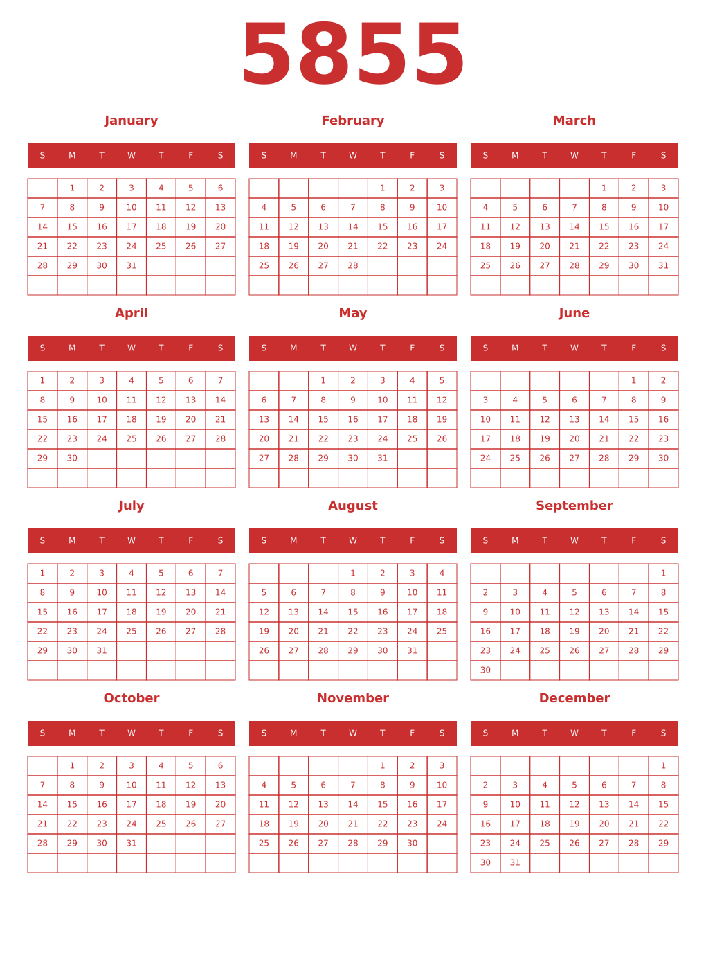 Printable 5855 Year Calendars red
