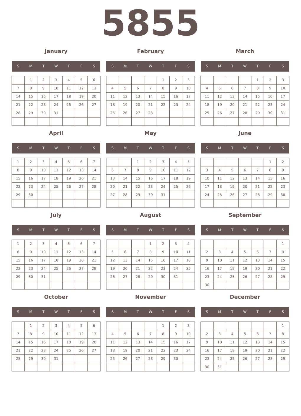 Printable 5855 Year Calendars wenge