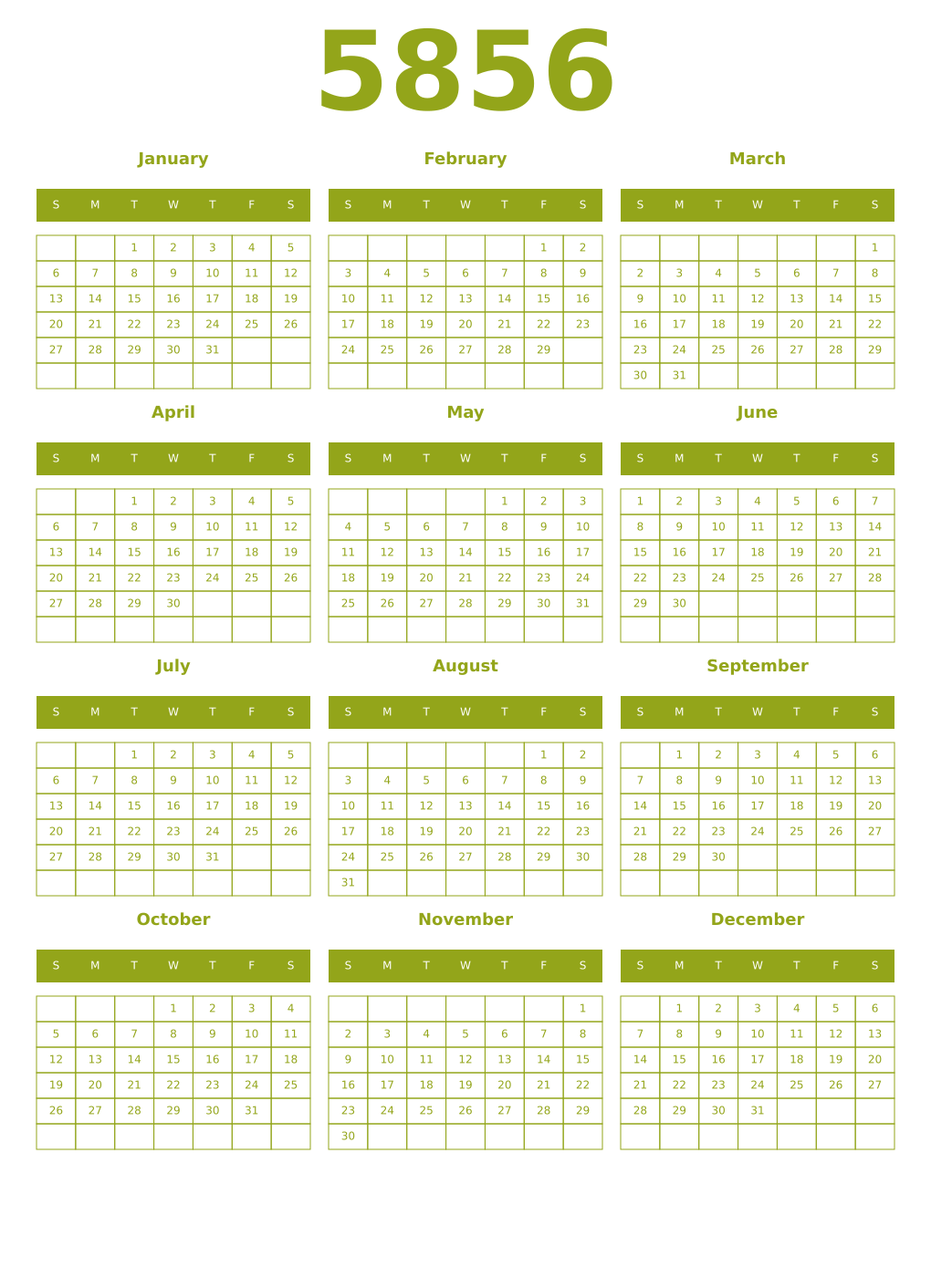 Printable 5856 Year Calendars chartreuse