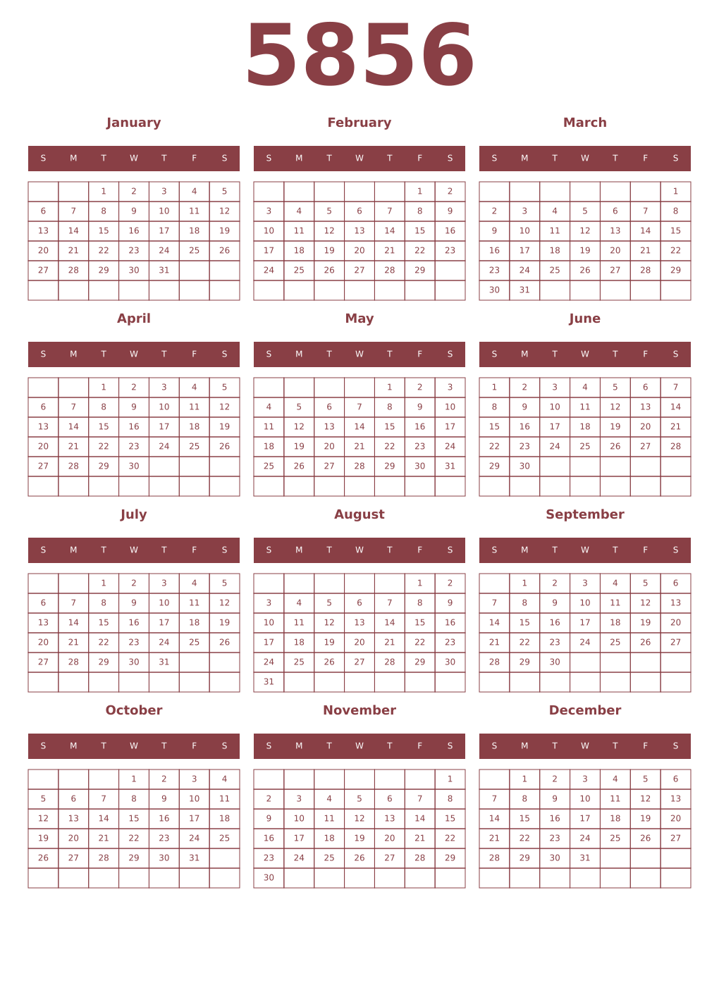 Printable 5856 Year Calendars cordovan