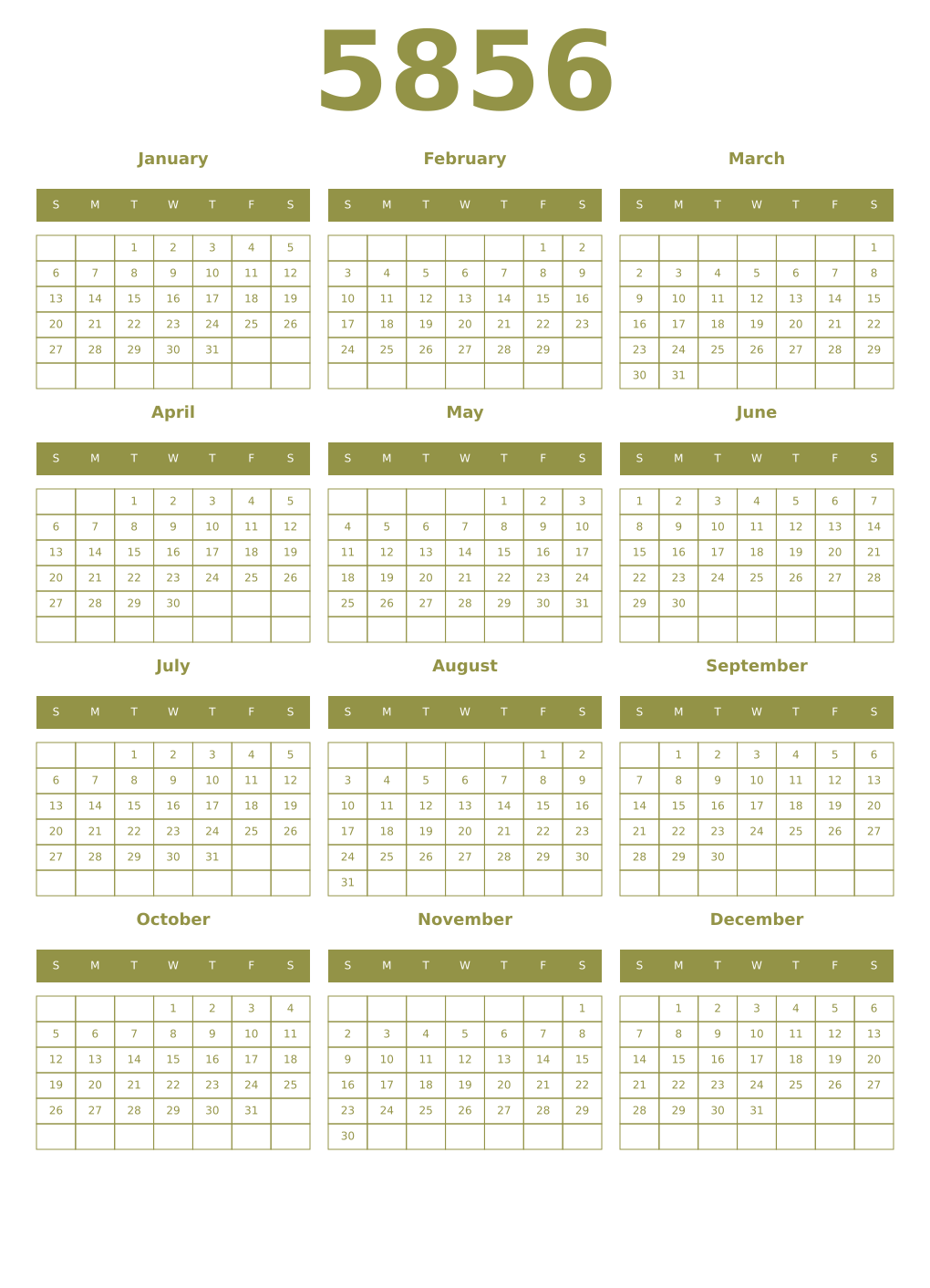 Printable 5856 Year Calendars eburnean