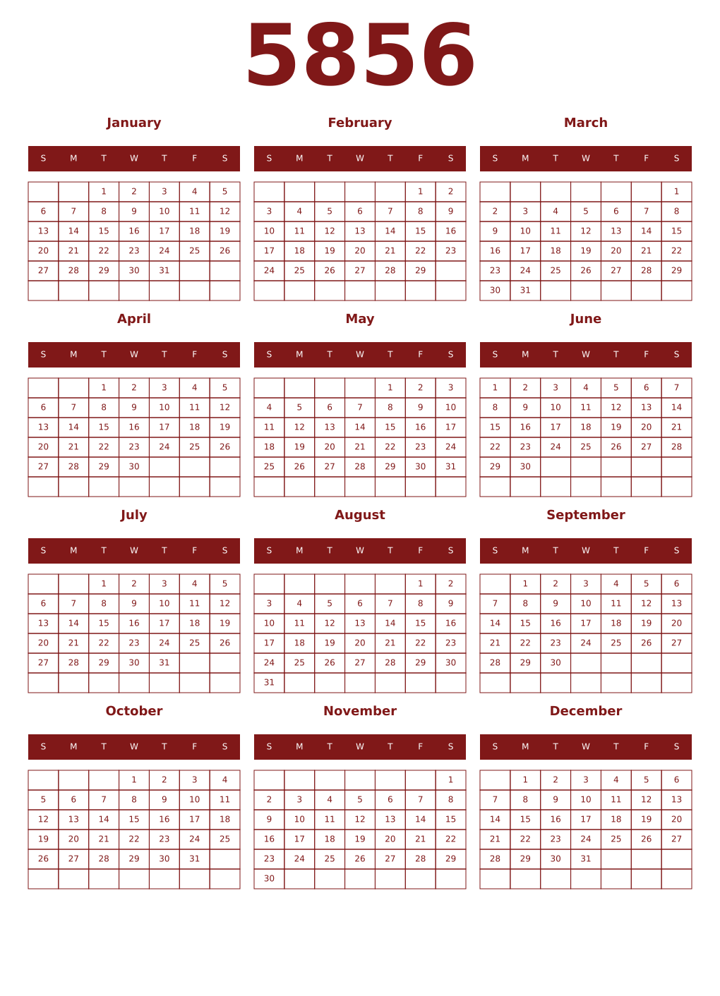 Printable 5856 Year Calendars falu