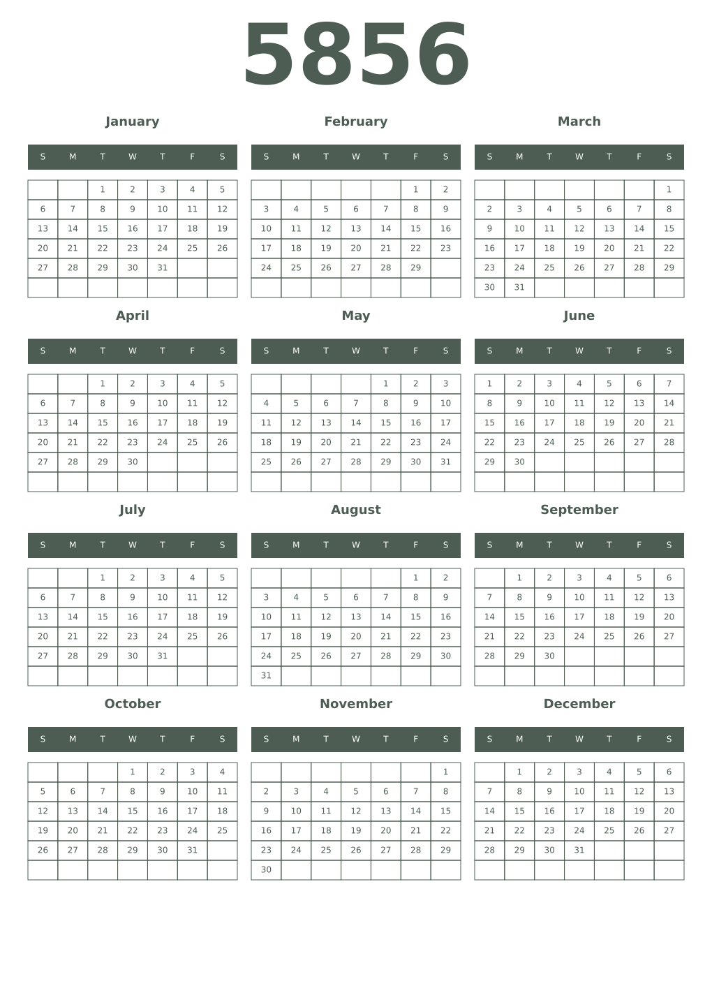 Printable 5856 Year Calendars feldgrau