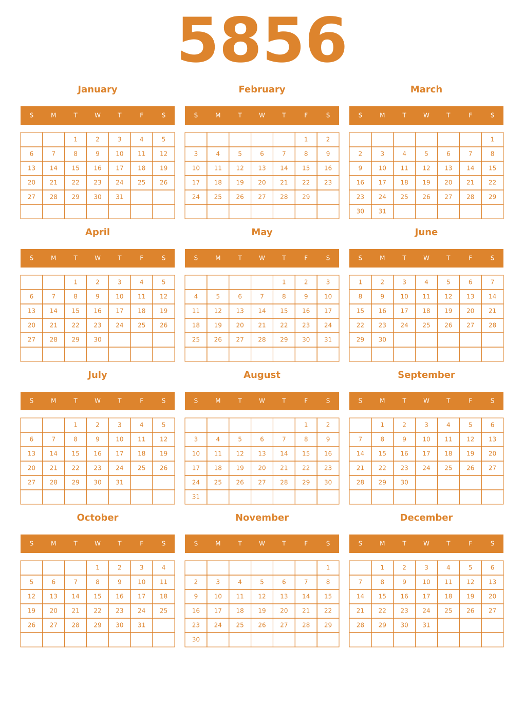 Printable 5856 Year Calendars orange