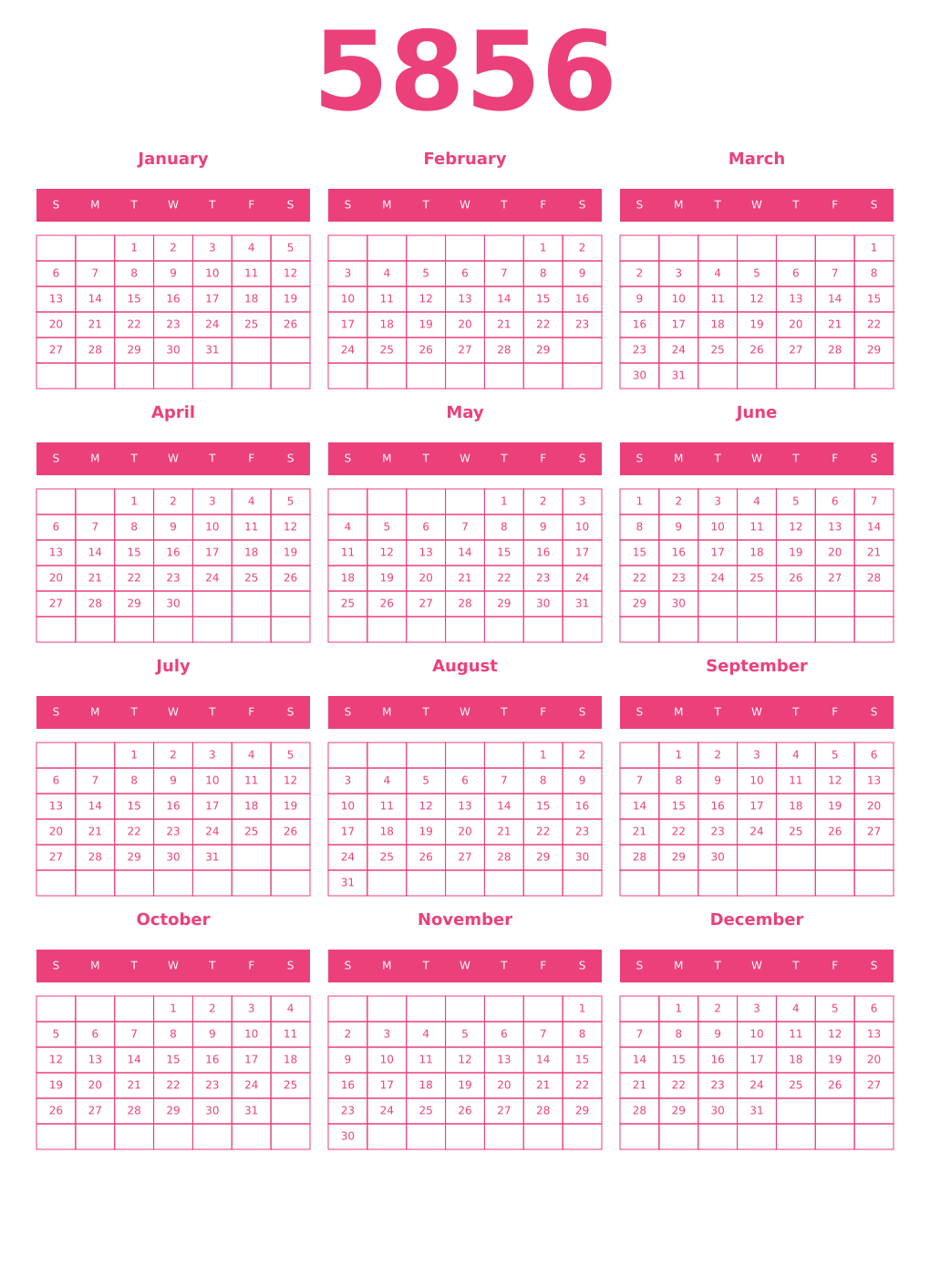 Printable 5856 Year Calendars pink