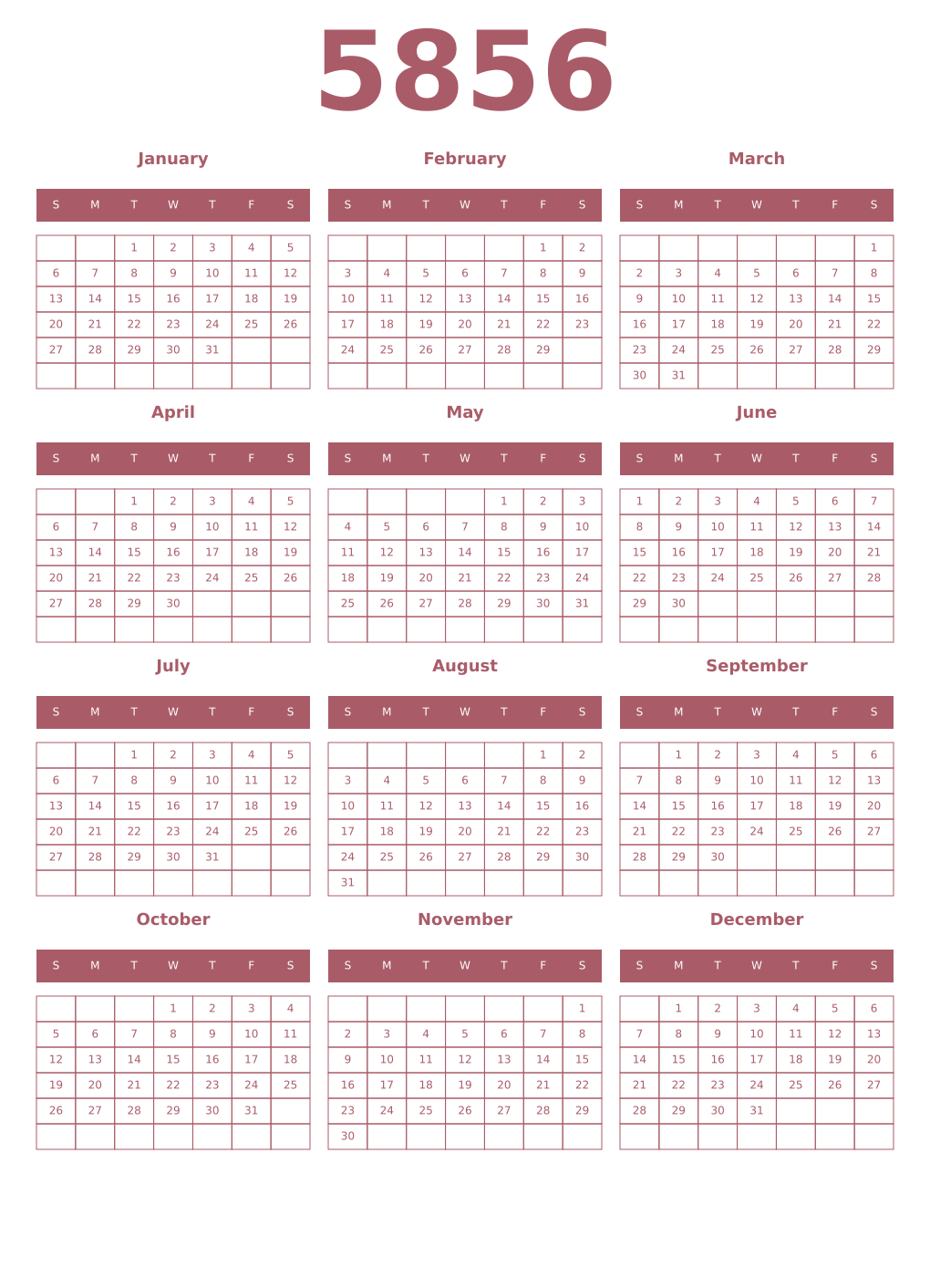 Printable 5856 Year Calendars puce