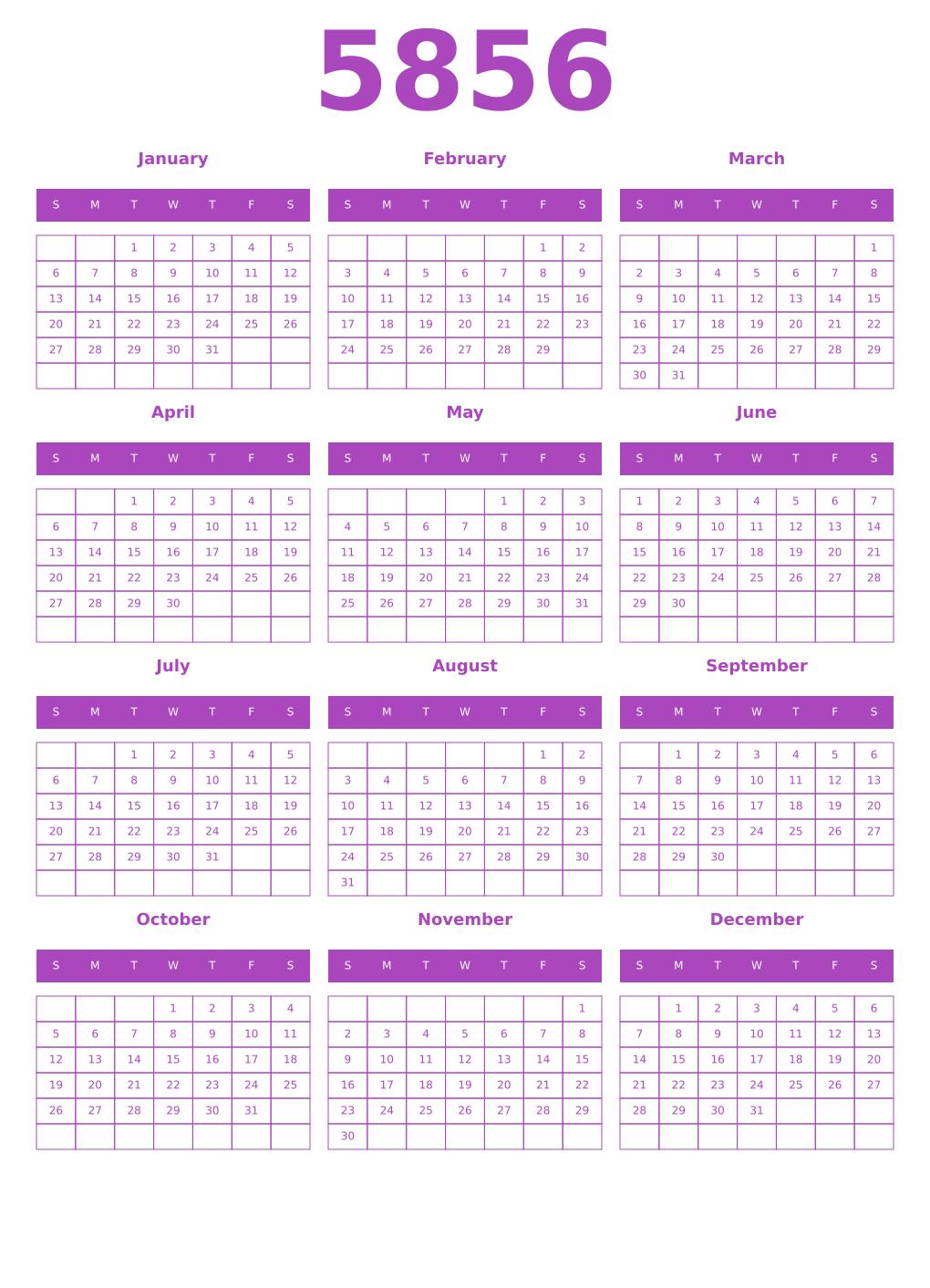 Printable 5856 Year Calendars purple