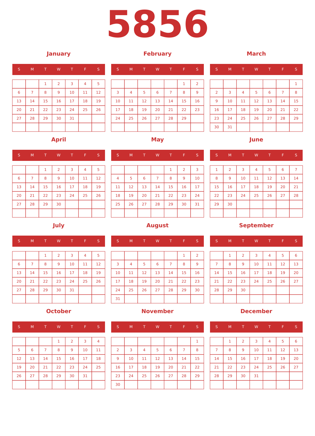 Printable 5856 Year Calendars red
