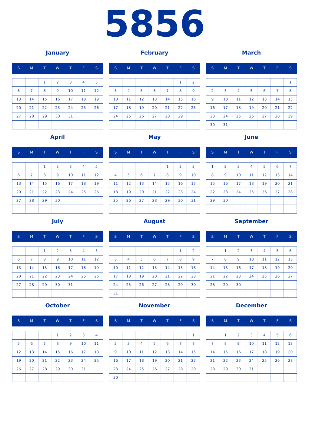 Printable 5856 Year Calendars smalt